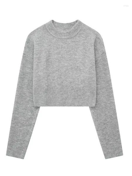 Frauenpullover Grau Strick Oansatz Rippen Frauen Crop Top Pullover Langarm Lose Bottom Basic Weibliche Pullover 2023 Herbst Chic Casual