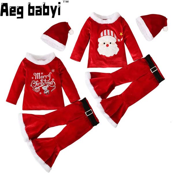 Kleidung Sets Baby Mädchen Weihnachten Outfits für Kinder Santa Claus Cosplay Rot Samt Top Gürtel Hosen Hut Jahr Kostüm Kinder Fleece Sets 231127