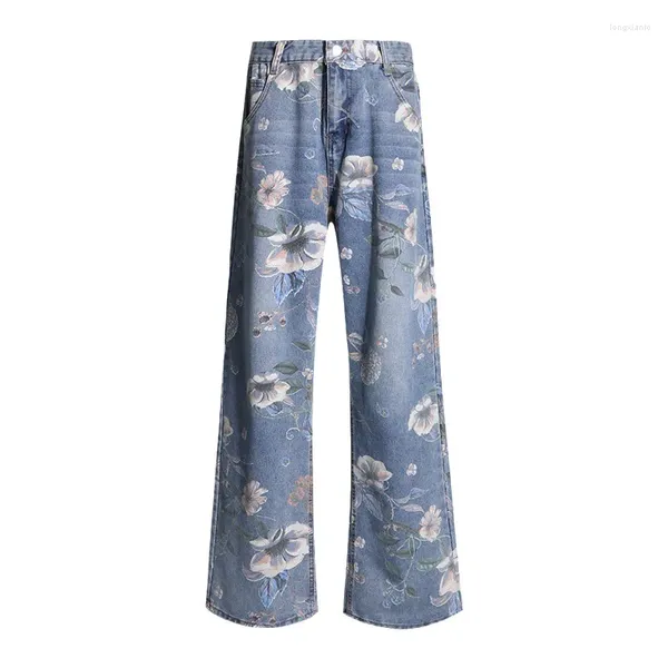 Calças de brim femininas estampa de vaca y2k padrão de flor solta cintura alta magro perna reta larga calças de moda rua tendência estilo denim