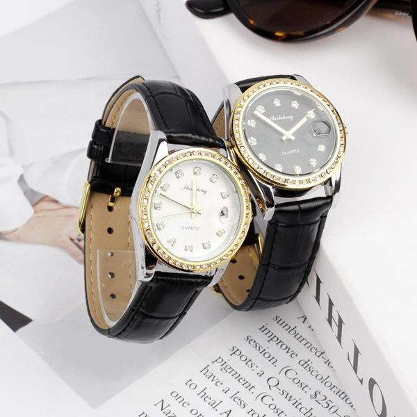 Avanadores de pulso Ladies Assista Rhinestone Leather Bracelet Watchwatch Women Fashion Alloy Calendar Quartz Watches