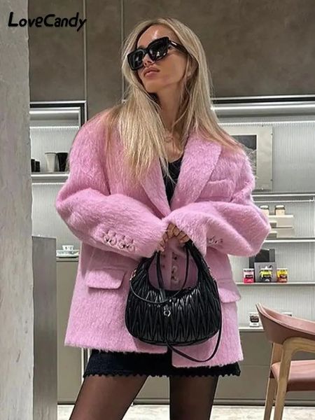 Damen Wollmischungen Revers Wollplüsch Rosa Mäntel für Frauen Mode Lange Ärmel Einreiher Lose Jacken Herbst Winter Weiblicher Paketmantel 231127