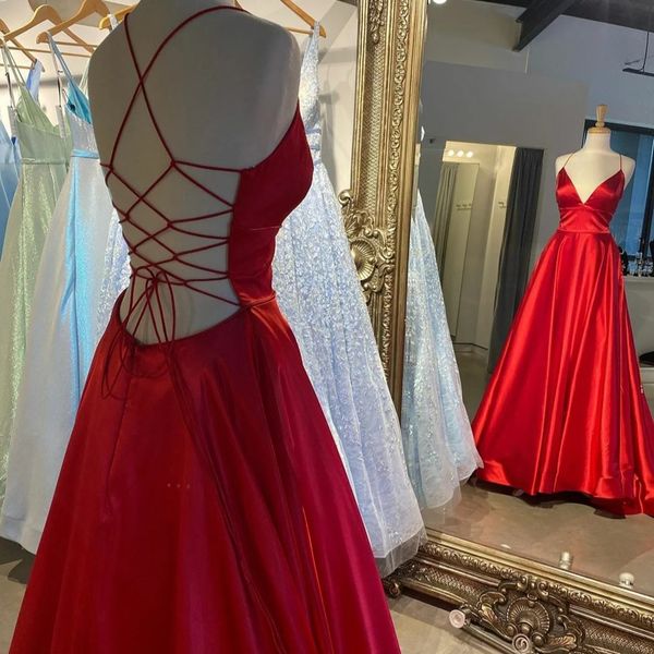 Longo decote em v cetim vermelho vestidos de baile criss cruz volta até o chão plus size ocasião formal vestido de festa à noite hd1021