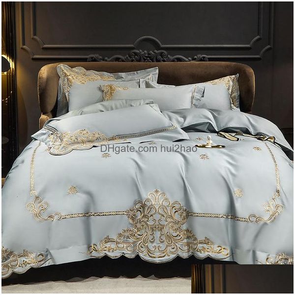 Set di biancheria da letto di lusso 1400Tc cotone egiziano naturale ricamo in oro set trapunta matrimoniale king size Er biancheria da letto lenzuolo con angoli federa Dr Dhunf