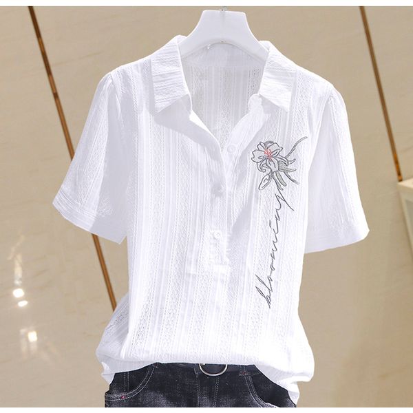 Bloups feminina camisa de bordado camisa feminina Chegada de verão Moda de manga curta Blouses casuais Office Ladies White Shirt elegante Bloups 230428