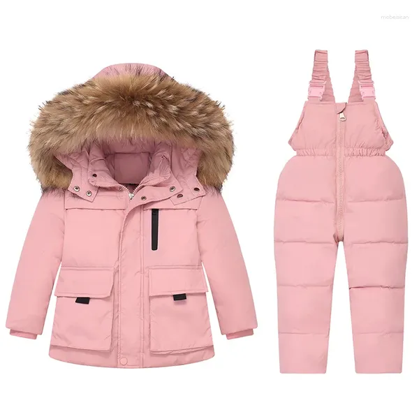 Casaco para baixo rosa menina neve wear conjunto para crianças jaqueta e calças suspender meninas esqui outft inverno pato branco agasalho gola de pele