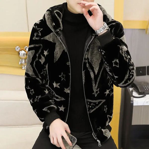 Jaqueta masculina de pele falsa de inverno, jaqueta de vison, grossa, quente, com capuz, manga comprida, zíper, slim, marca de negócios coreana, roupas masculinas 231128