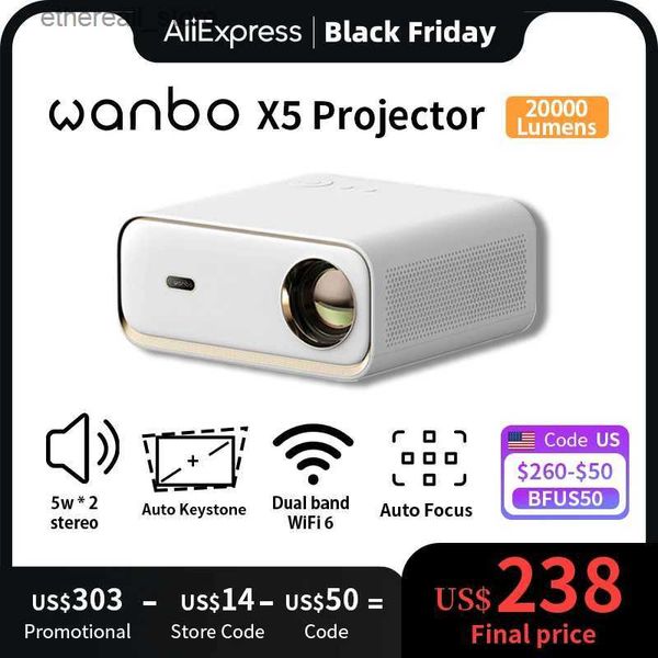 Projektörler Wanbo X5 Projektör 4K 1100ansi Stereo Ses Çift Bant WiFi 1080p 20000 Lümenler Ofis Ev Sinema Kampı Q231128