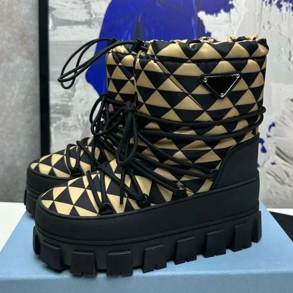 Com caixa feminina letra p luas bota de neve náilon martin placa tornozelo deslizamento de esqui redondo designer luxo rendas até sapatos888