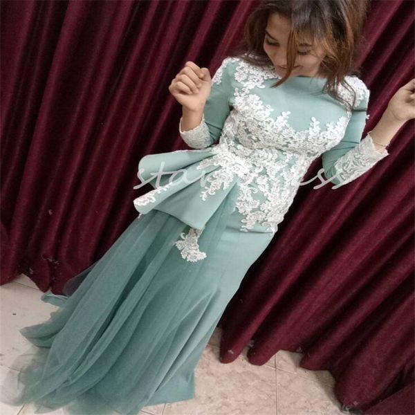 Elegante vestido de noite árabe verde sálvia com apliques de cauda renda manga comprida sereia vestido de baile vintage marroquino festa formal marocain du caftan robe de mariage