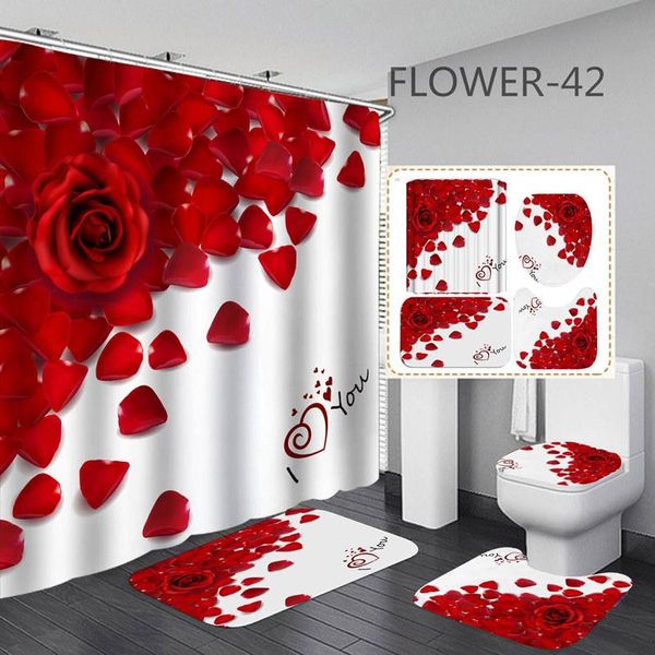 Cortinas 3d impressão flores cortina de banho à prova dwaterproof água rosa vermelha cortina de chuveiro plantas conjunto tapete de banho amor coração dia dos namorados decoração do banheiro