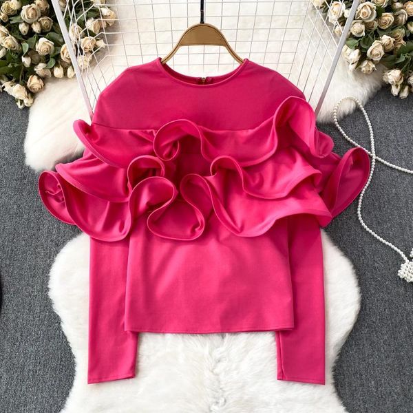 Женские блузки Clothland, женская винтажная блузка с цветочными рюшами и круглым вырезом с длинным рукавом, эластичная рубашка ярких цветов, шикарные сексуальные топы Blusa LA996