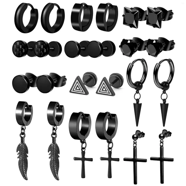 Brincos de parafuso prisioneiro 1-12 pares conjunto de aço inoxidável preto cruz cone pendurado para homens mulheres cz piercing jóias