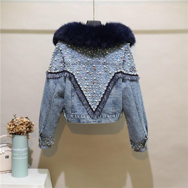 Damenpelz Faux Diamond Beading Real Thick Warm Denim Coat Female Winter Liner Detachable F2514Women's Women'sWomen's