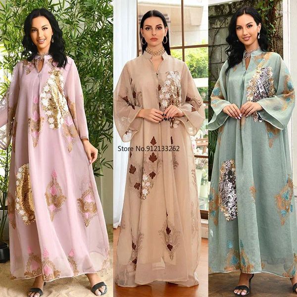 Roupas étnicas Mulheres Marroquino Kaftan Muçulmano Abaya Dubai Vestido de Noite Luxo Festa Lantejoulas Vestidos Bordados Ramadan Eid Roupas