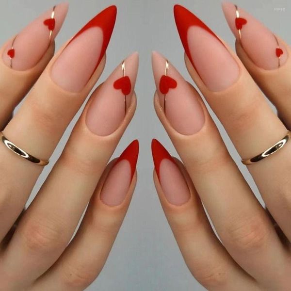 Falso unhas 24pcs Dicas de unhas azuis Branco Flores brancas Diy Fake Nials French Red Love Heart Almondo longo