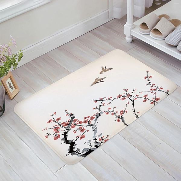 Tapetes estilo chinês tinta pintura ameixa flor pássaro cozinha tapete sala de estar decoração tapete casa entrada capacho anti deslizamento tapete