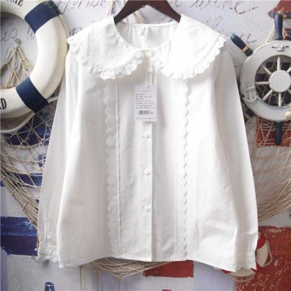 Camicette da donna camicie in stile giapponese camicia e camicetta da donna in pizzo bianco peter pan collare a manica lunga camicette da donna in stile solido 2023 bottoni top femminile p230427