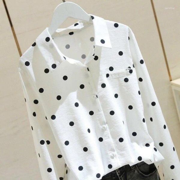 Kadın bluzları Polka Dot Büyük Gömlek Uzun Kollu Gevşek 2023V yaka bahar elbisesi beyaz ince gündelik