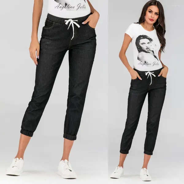 Calças jeans femininas jogger calças senhoras cordão cintura elástica calças cortadas