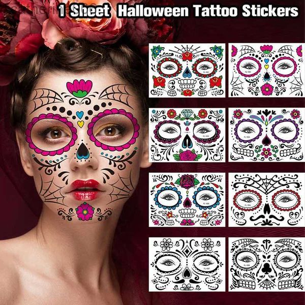 Tatuaggi Adesivi colorati per disegni 1 foglio Adesivi per tatuaggi con facce buffe di Halloween Horror creativo Trucco temporaneo Danza Adesivi per il viso con spirito della morteL231128