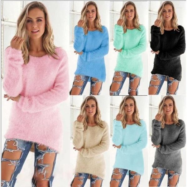 Maglioni da donna Maglione caldo da donna Tinta unita O Collo Pullover lavorato a maglia in cotone sciolto Camicetta lunga casual oversize Abbigliamento da donna a vita bassa