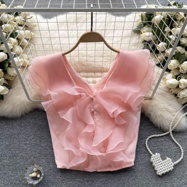 Damen Blusen Sommer Damen süße geschichtete Rüschen Organza Weste Shirt V-Ausschnitt Einreiher ärmelloses Tank Short Chiffon Crop Top