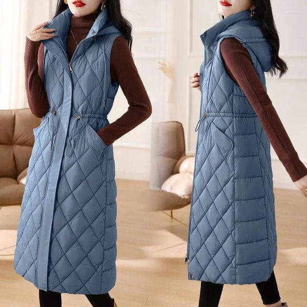 Damenwesten 2023 Herbst/Winter mit Kapuze, langer Baumwollwestenmantel, koreanische Version, Slim-Fit-Stil, über dem Knie, Daunentrend