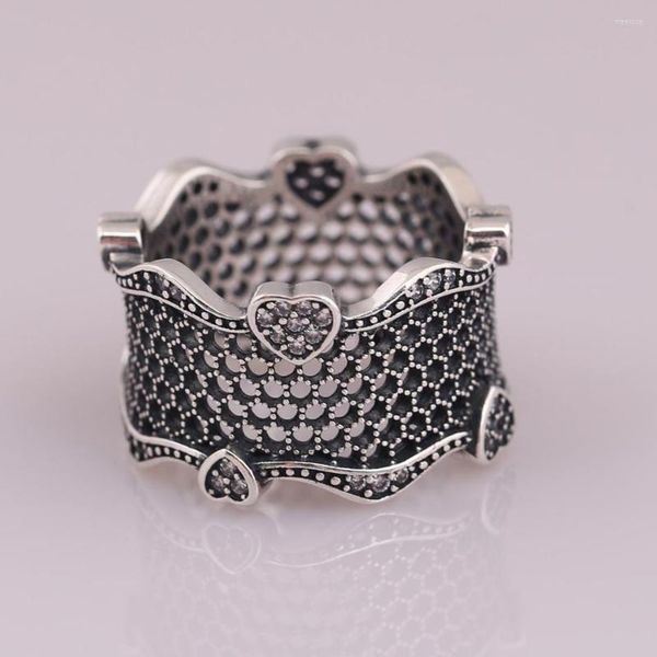 Ringos de cluster S925 Silver Open Work Lace of Love With Crystal Ring for Women Wedding Party Gift Fit Lady Fine Jewelry