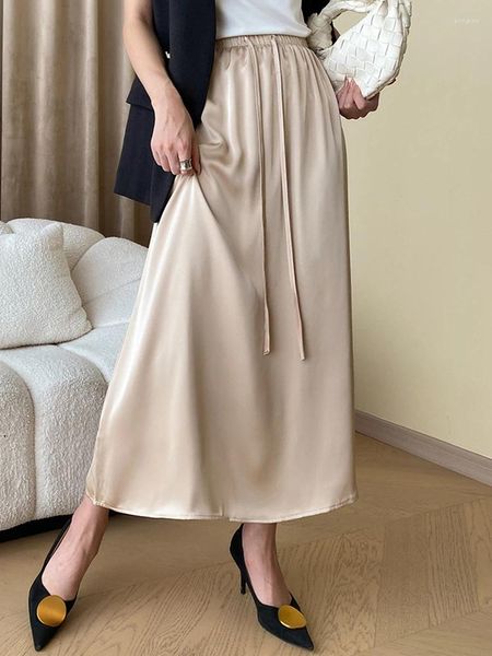 Saias jyate elegante feminino coreano moda cetim seda a-line saia escritório cor sólida longo verão mulher 2023
