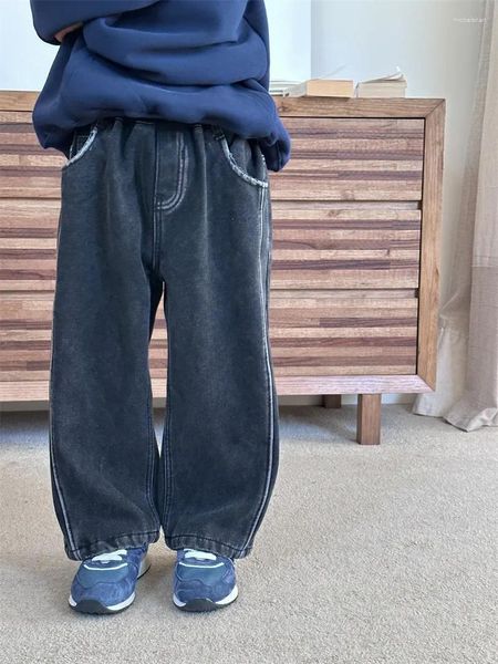 Pantaloni Jeans in pile per bambini 2023 Autunno Inverno alla moda stile coreano ragazzi ragazze gamba dritta pantaloni moda personalità casual