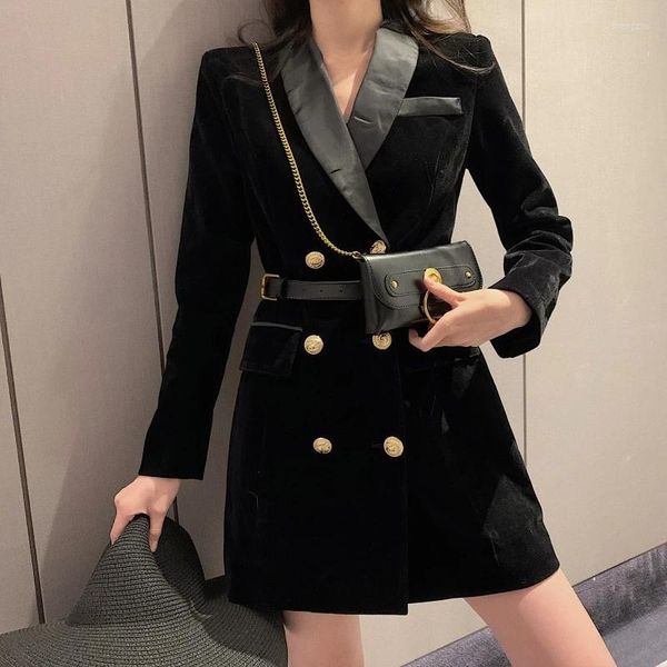 Casual Kleider 2023 Winter Elegante Samt Anzugjacke Zweireihig Langarm Damen Schwarz Gürteltasche Damen Slim Blazer Kleid