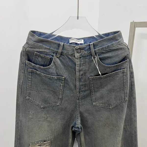 Мужские брюки в американском стиле, уличные ретро, винтажные, потертые от грязи, с кисточками, карманные джинсы с вырезом ножа для мужчин и женщин, свободные широкие брюки 1:1