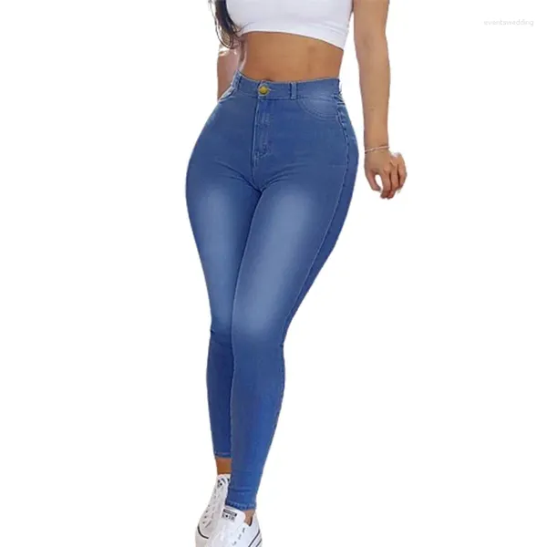 Damen-Jeans, eng anliegend, Stretch, Bleistift, schmale Passform, weißlich blau, Hip-Lift-Denim-Hosen, weiblich, bequem, lässig, hohe Taille, Knopfhose