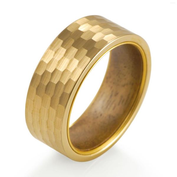Trauringe 8 mm gehämmerter Wolfram-Band für Herren, innerer Ring aus massivem Wengeholz, vergoldet, Herren-Jubiläumsverlobung