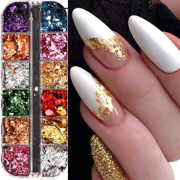 Akrilik Tozlar Sıvılar 12 Renkli Altın Folyolar Nail Glitter Shinny Sparkles Düzensiz Holografik Sanat Pulları Paillette Chip Tasarım Jel Dekorasyon SWS45 231128