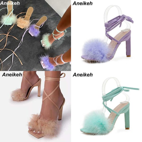 Sandalen New Summer Rome Fashion Furry Cross-Tied Women Pumps Sexy 11cm Thin High Heel Lace-up Dress Party Damen Sandalen 230316