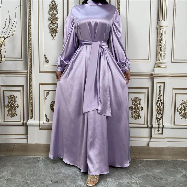 Abbigliamento etnico Moda musulmana Donna Abito in raso islamico Hijab Arabo Pianura Abaya Dubai Manica a palloncino con nastro Ramadan Eid turco