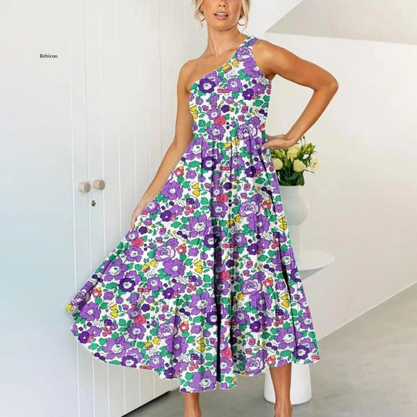 Abiti casual 2023 Bohemian Women Floral Dress Summer One spalla senza maniche Big Hem Flowy Beach Maxi Abiti De Mujer