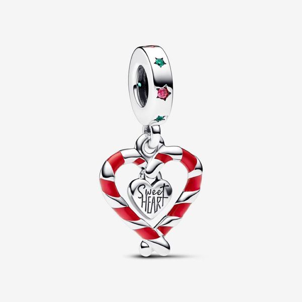 Autentico bastoncino di zucchero doppio in argento sterling 925 con cuore natalizio, ciondolo pendente adatto per braccialetti e collane di serpenti fai-da-te