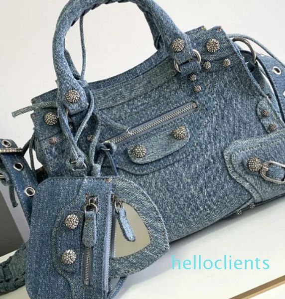 Saco de design quente sentido denim veludo três em uma bolsa rebite locomotiva sacos versátil um ombro crossbody totes senhora saco nas axilas moda alta capacidade