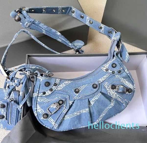 Hobo denim designer saco de ombro da motocicleta bolsas femininas fecho diamante crossbody axilas sacos azul bolsa couro espelho