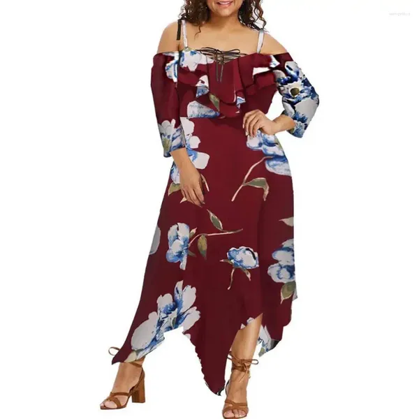 Lässige Kleider, unregelmäßiger Saum, Midi-Kleid für Damen, schulterfrei, Blumen-Chiffon, schulterfrei, Schnürung vorne