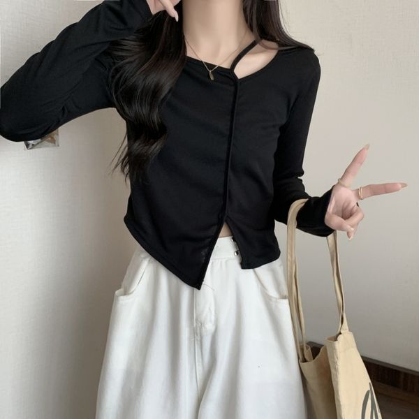 Camiseta feminina quente y2k colheita top mulher manga comprida camiseta de inverno mulher coreana moda moda vintage camise