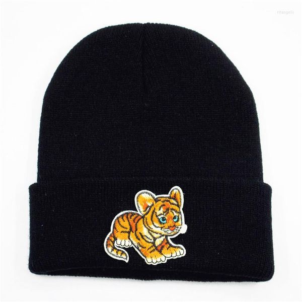 Baskenmütze Baumwolle Tiger Tierstickerei verdicken Strickmütze Winter Warm Skullies Cap Beanie für Kinder Männer Frauen 313