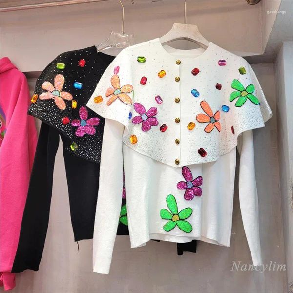 Kadın Sweaters 2023 Sonbahar ve Kış Rhinestone Boncuklu Çiçek Cape Sweater Kadınlar İki Parçalı Zarif Yüksek Dereceli Örgü Üst Çivili Örgü