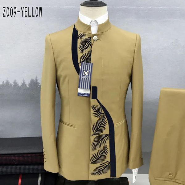 Ternos masculinos blazers moda masculina casual boutique chinês gola túnica design terno 2 peça conjunto blazers jaqueta casaco calças calças 231128
