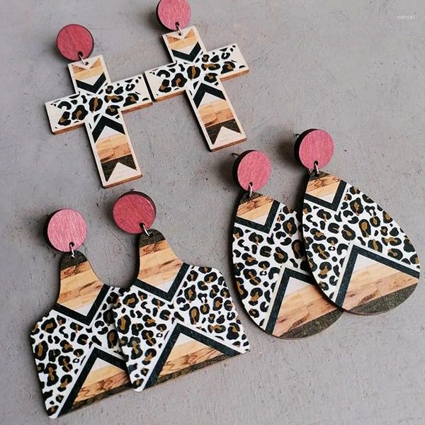 Orecchini pendenti vintage leopardo a goccia in legno per le donne Moda geometrica mucca etichetta croce gioielli in legno all'ingrosso