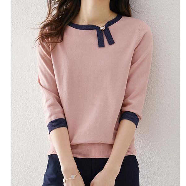 Camiseta feminina 2022 estilo coreano elegante o pescoço manga curta de malha camisetas casuais verão fino rosa camiseta roupas femininas topos