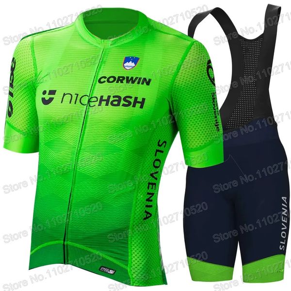 Radfahren Jersey Sets Slowenien Nationalmannschaft Set Kurzarm Grüne Kleidung Rennrad Shirts Anzug Fahrrad Trägerhose MTB Ropa 231127