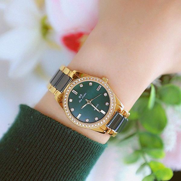 Orologi da polso Orologio in ceramica con strass per donna Orologi da polso al quarzo moda donna verde vintage 2023 Retro Golden Dark ClockOrologi da polso